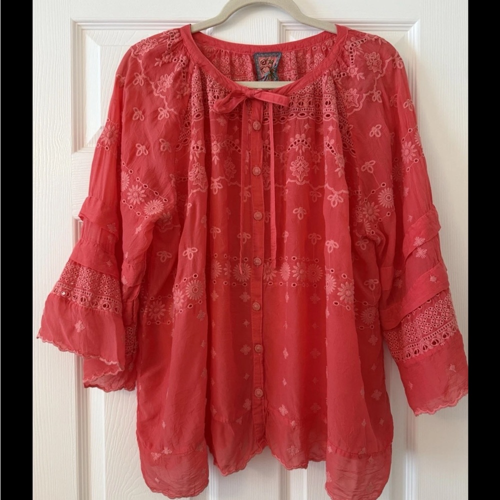 Johnny Was Heavily Embroidered Top Tay Tie Front Blouse XL NWOT